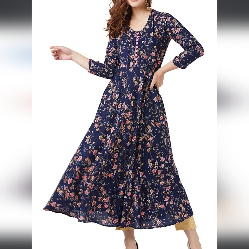 NWOT Tissu brand Kurta size large 3/4 SLEEVE NAVY AND PINK FLORAL PRINT